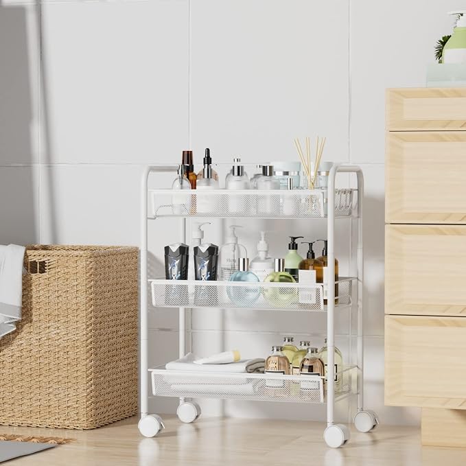 3-Tier Mesh Rolling Cart - 24.8" H Fits Under Desk Metal Cart with Wheel | Hold 35bls/Tier Small Space Storage Organizer Crafts Utility Cart for Office Pantry Bathroom Kitchen Laundry White