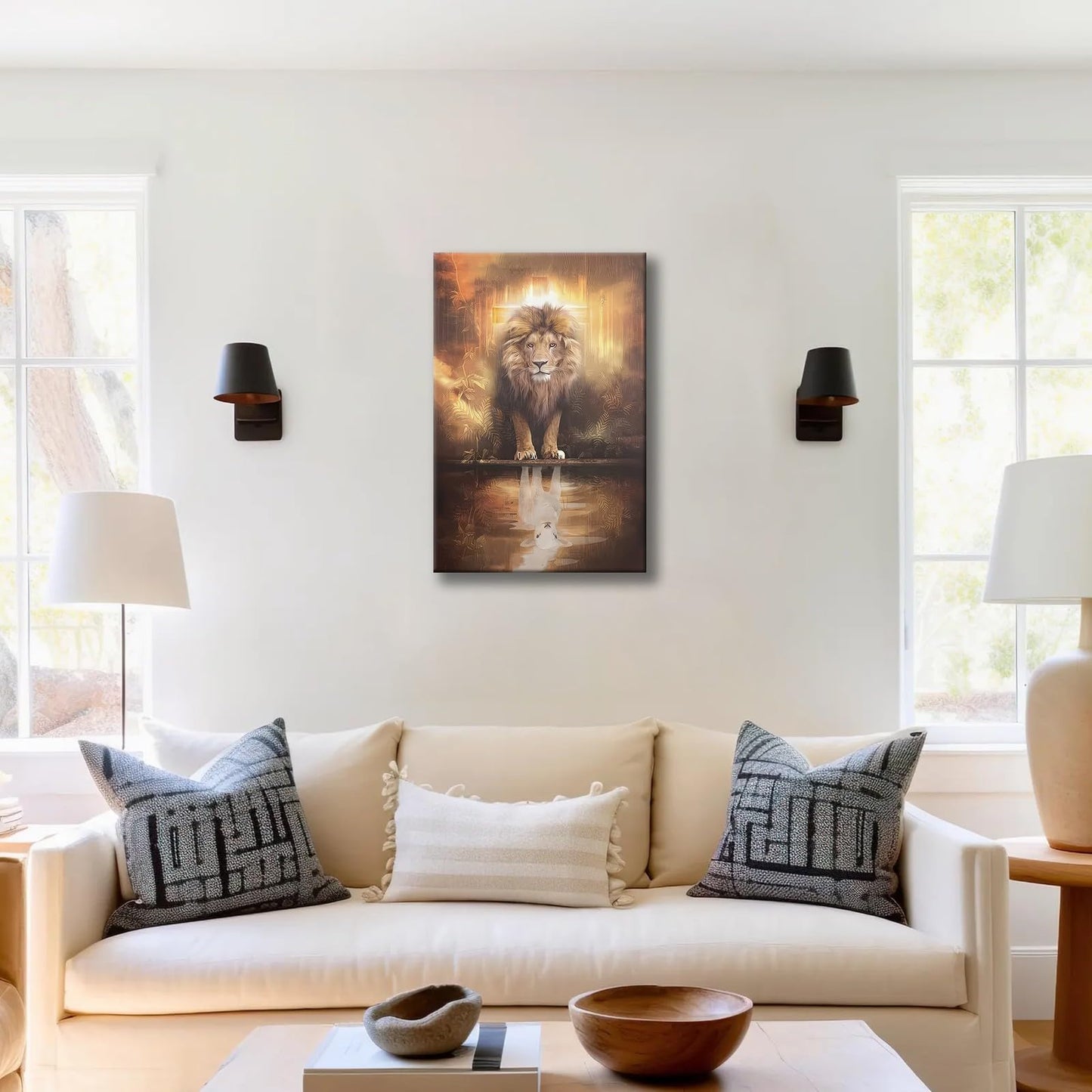 Framed Animal Print Majestic Lion Canvas Wall Art Spiritual Jungle Poster Inspirational Christian Painting Nature Wildlife Gallery Wrap Print for Home Decor 12x16 Inch Ready to Hang