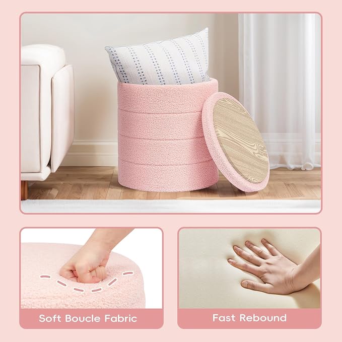 PINPLUS Round Storage Ottoman Foot Rest Stool with Tray Velvet Sherpa Folding Storage Ottoman,Boucle Foot Rest for Living Room, Bedroom, Dorm（Pink）