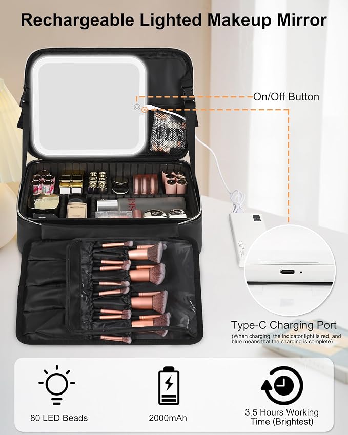 Chomeiu Makeup Bag with LED Mirror, Large Travel Cosmetic Train Case for Women, Makeup Artists Large Organizer Box with Vanity Light Up Mirror, 3 Color Lights, Adjustable Dividers (Black)