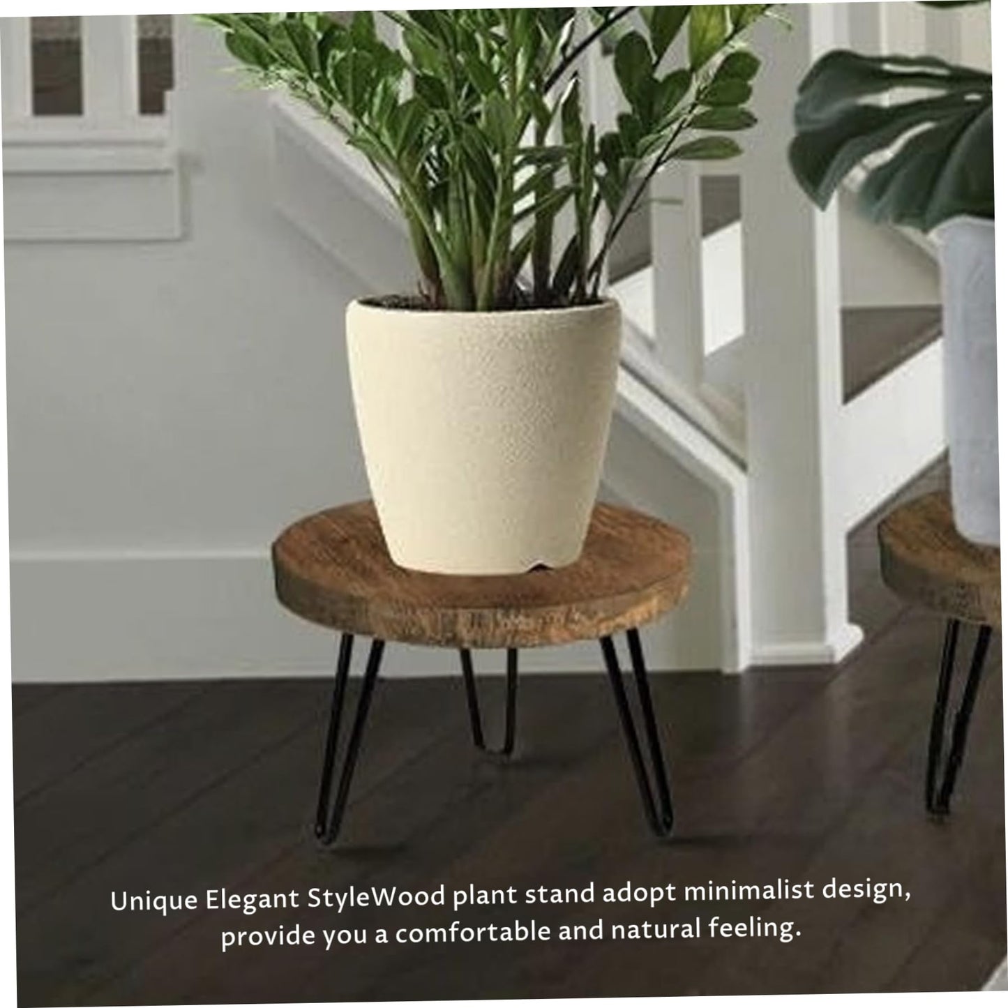 Grsrkep Single Plant Stand Indoor - 10 Inch Wood Plant Stand & Metal Leg Natural Grain Sturdy Decorative Plants Holder for Home, Garden, and Entryway