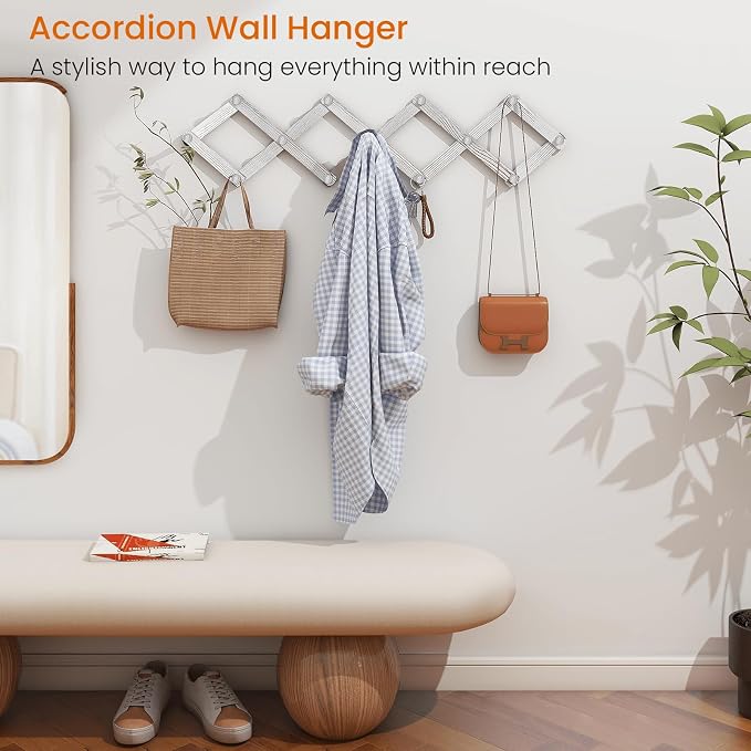 Homode Accordian Wall Hanger, Expandable Coat Rack Wall Mounted, Accordion Style Wood Hat Rack with 13 Peg Hooks for Hanging Coats, Hats, Mugs, Bags, Purses, Necklaces, Rustic White