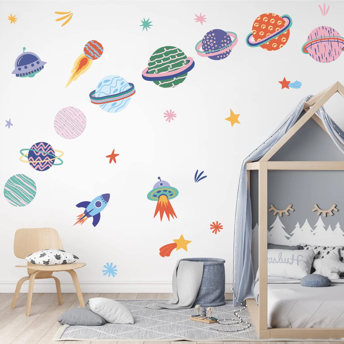 Solar System Galaxy Space Wall Decals Peel and Stick - Rocket Spaceship Star Planets Wall Stickers Removable Vinyl Decals - Aerospace Outer Space Wall Decor for Nursery Playroom Boys Bedroom Kids Room