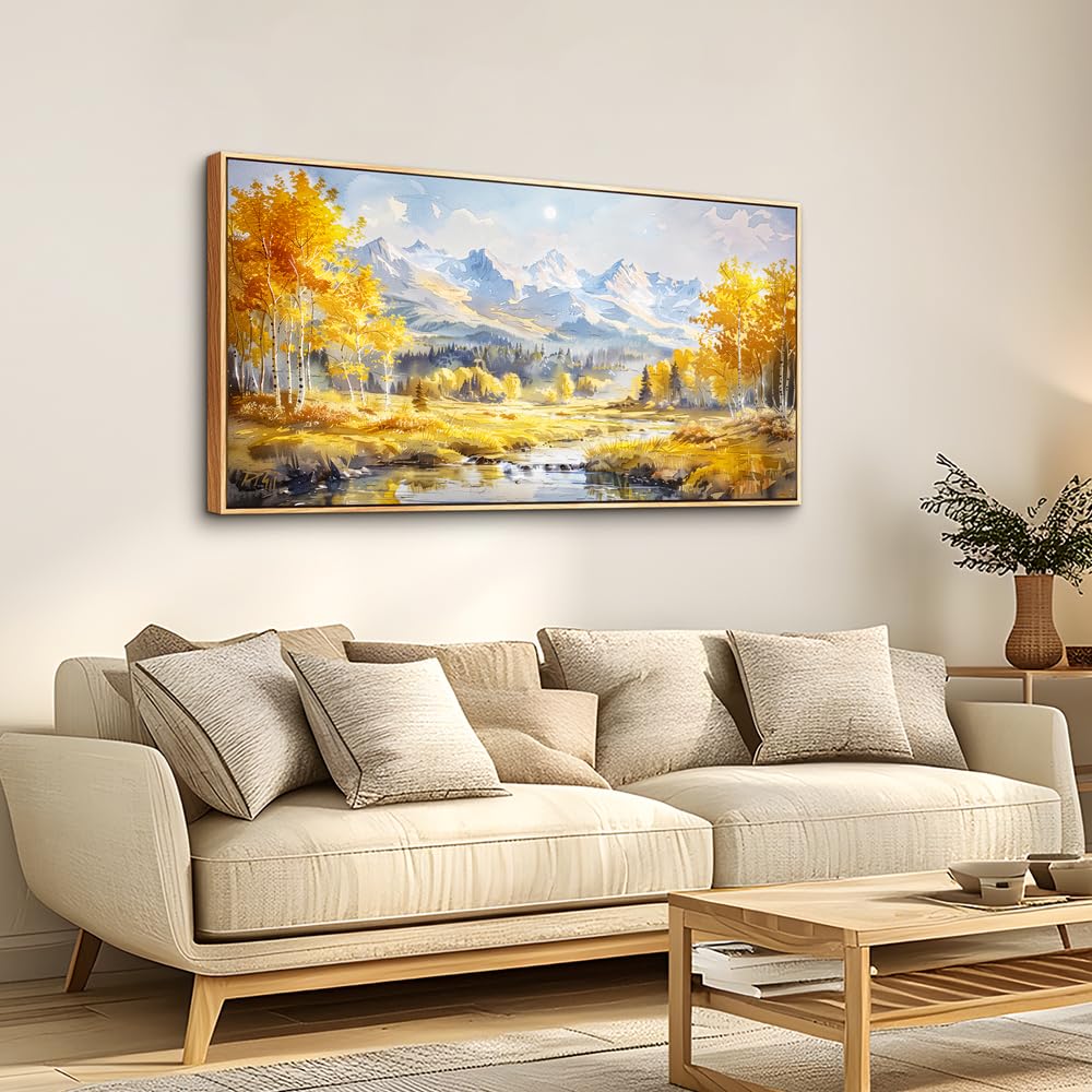 ZUITINGHUA Wood Framed Canvas Wall Art For Living Room Wall Decor For Bedroom Office Wall Decorations Yellow Tree Landscape Paintings Mountain Pictures Artwork Room Aesthetic Home Decor 20x40 In