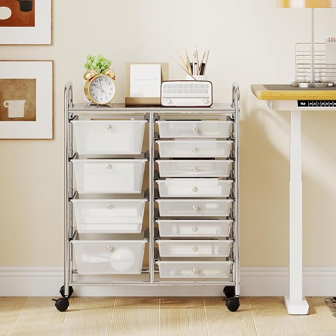 LDAILY 12 Drawer Rolling Storage Cart, Rolling Cart with Drawers for Classroom, Art Supply Craft Organizer on Wheel with Metal Frame & Handles for Home Office School (Clear, 12 Drawer Left-Right)