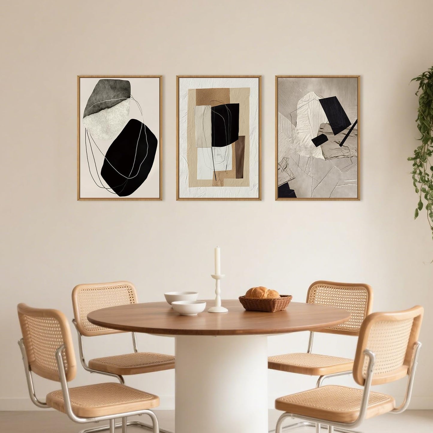 DRACIT Abstract Modern Geometric Framed Canvas Wall Art Set,Neutral Tone Beige Black Brown Wall Decor,Minimalist Textured Line Shape Artwork for Living Room, Bedroom,Farmhouse-24 x36 x3