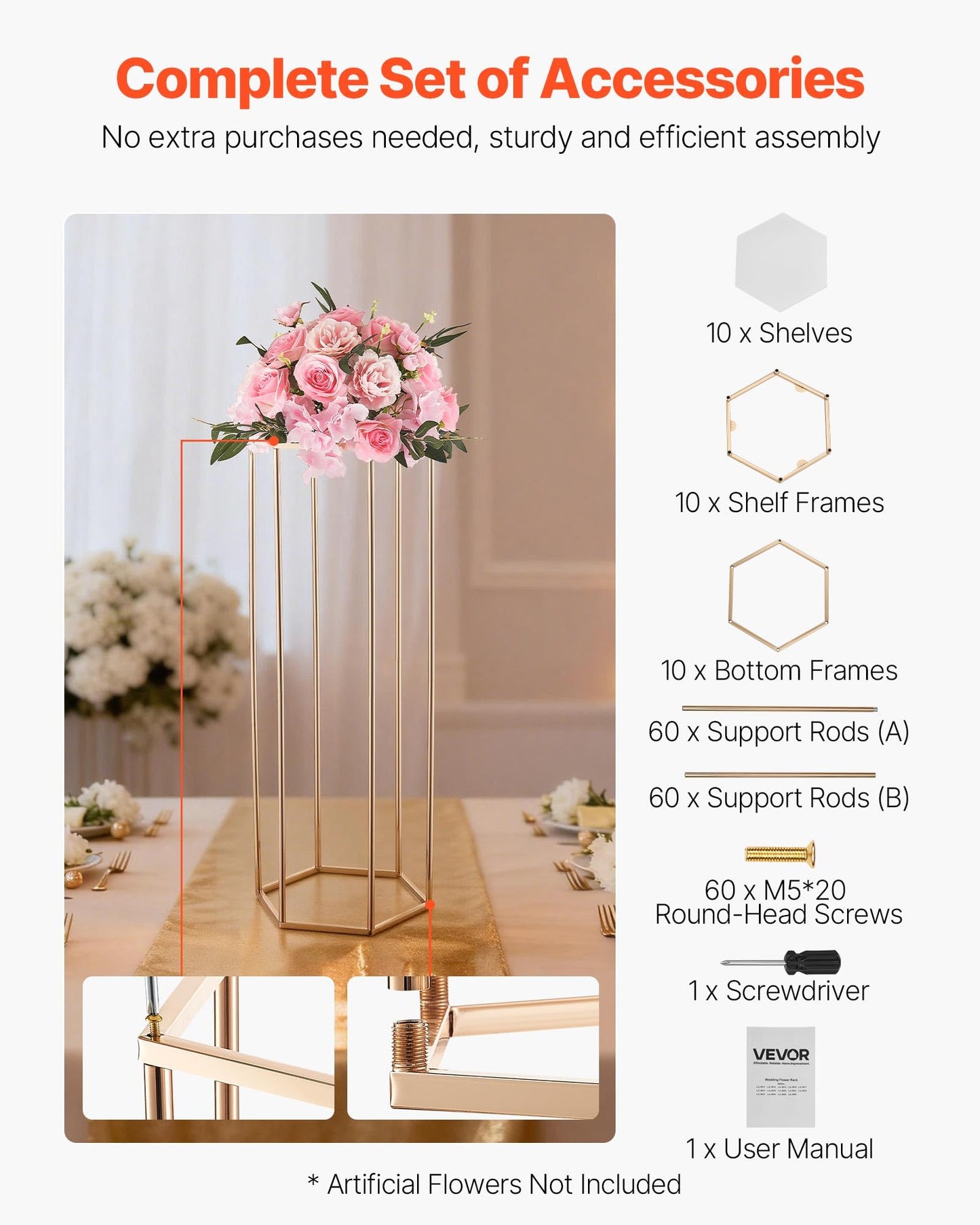 VEVOR Wedding Flower Stand, 10PCS 31.5-inch Column Flower Stand, Floral Stands with Acrylic Laminate, Hexagonal Cubic Floral Display Rack for Wedding, Party, Birthday, Home,French Gold Stands