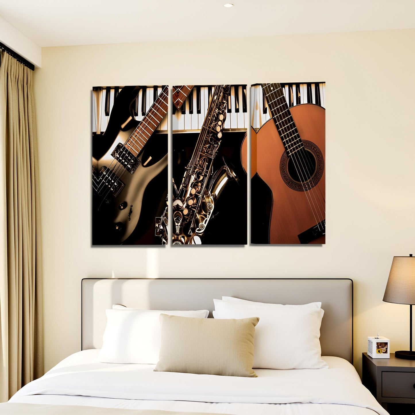 RnnJoile Music Canvas Art Wall Decor Musical Instrument Picture Prints Closeup Piano Guitar Painting Gallery Wrapped Large 16"x32"x3pcs