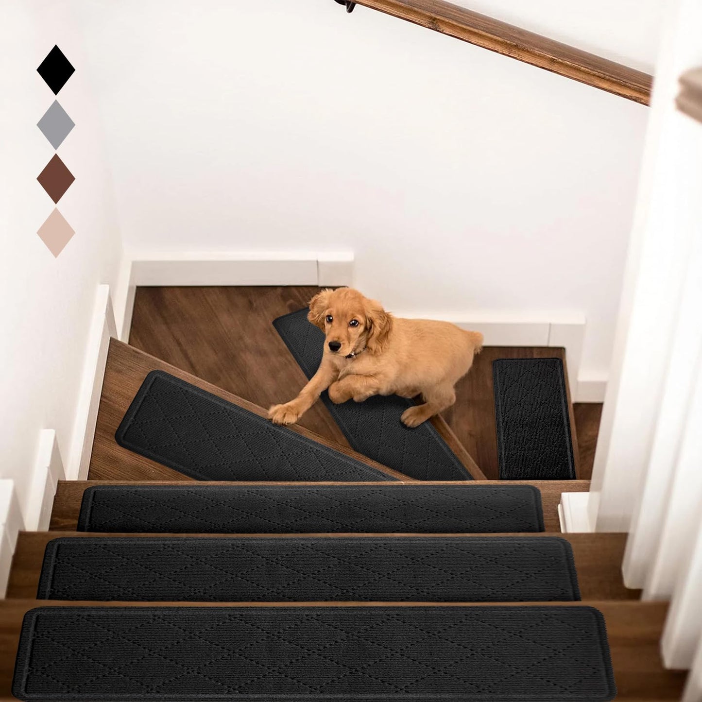 RIOLAND Carpet Stair Treads for Wooden Steps Indoor 9" x 36" Non Slip Stair Treads for Wood Stair with Reusable Adhesive, 15 Pack Peel and Stick Stair Runner for Kids Elders and Dogs, Diamond Black