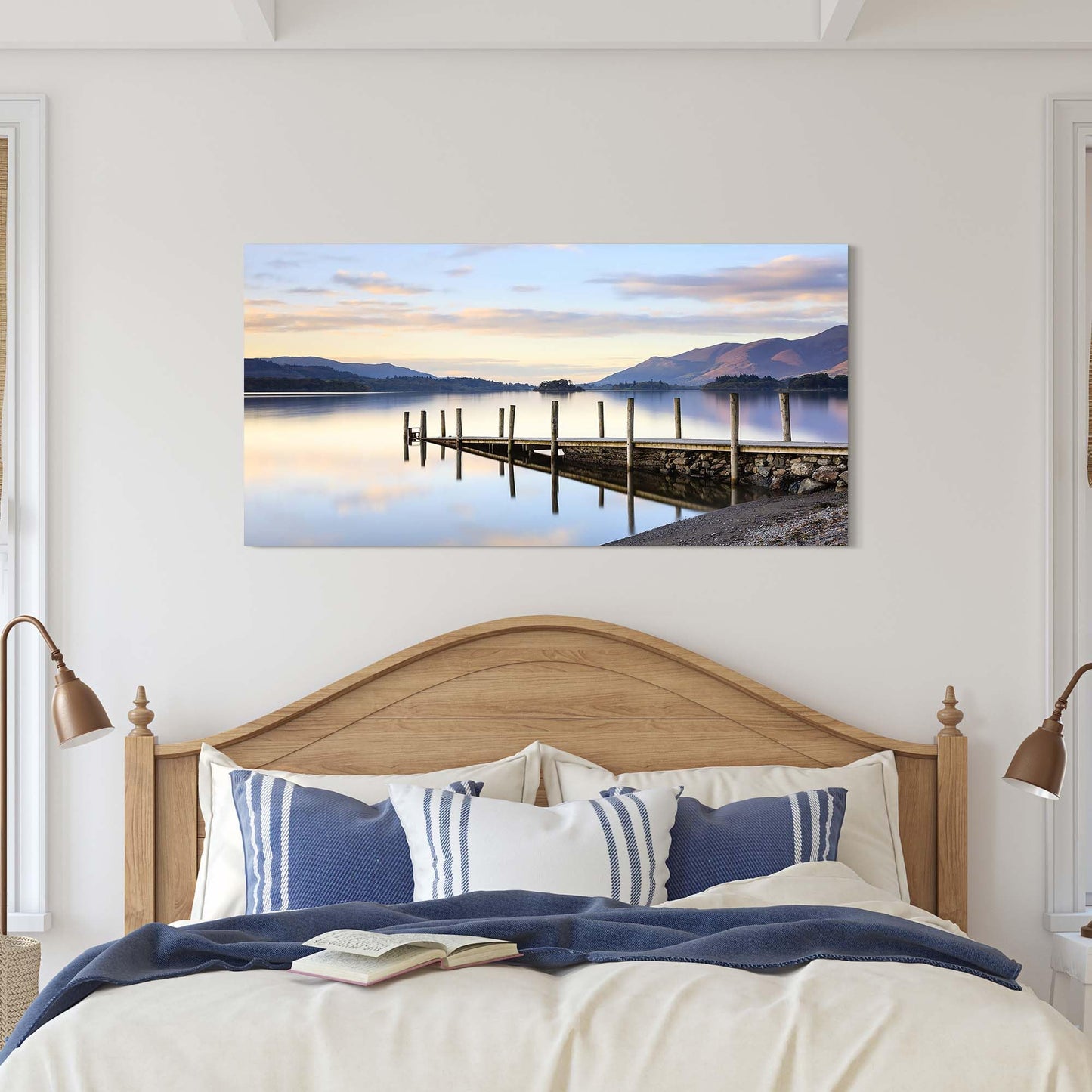 Sunset Lake Canvas Wall Art - Lakeside Dock Picture Pier Painting Nature Landscape Prints Scenery Artwork for Living Room Home Office