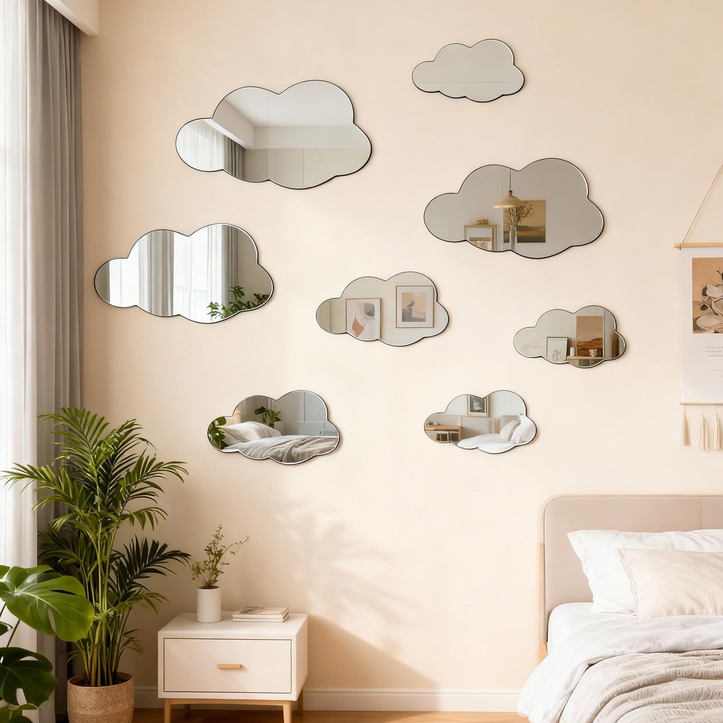 8 Pcs 3D Acrylic Cloud Mirror Wall Stickers Decorative Self Adhesive Cloud Mirror Decals for Classroom Kids Bedroom Playroom Living Room Nursery Wall Decor