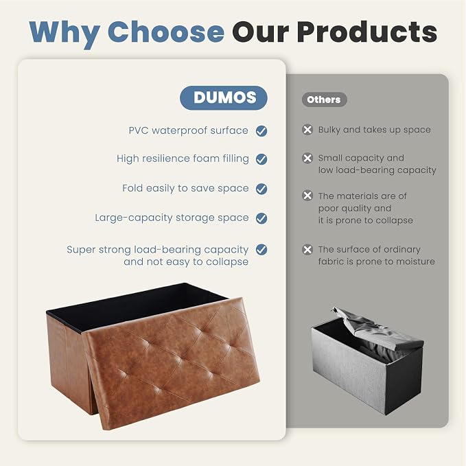 DUMOS 30 Inch Folding Storage Ottoman Bench, Large Hidden Storage Chest withThicker Foam Padded Seat, End of Bed Foot Rest Stool for Bedroom Living Room Entryway, Load 660 lbs, Brown