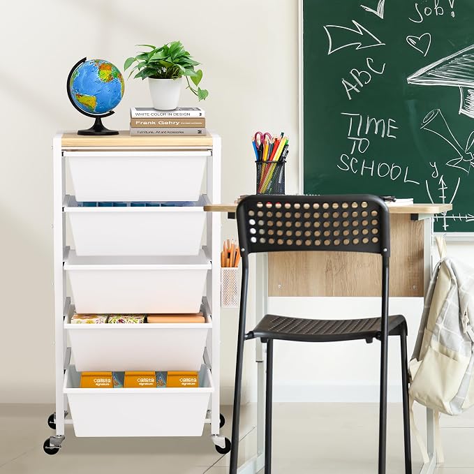 Rolling Cart with Drawers, Rolling Storage Cart with 6 Large Plastic Drawers & Wooden Tabletop, Utility Cart with Pegboards & Basket, Storage Drawers Cart for Living Room, Classroom, Bedroom, Office