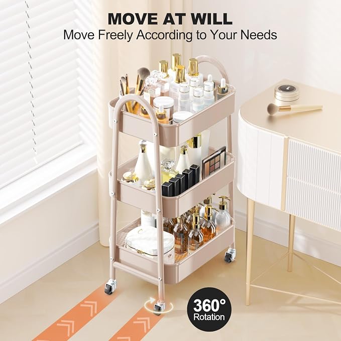 EAGMAK 3 Tier Rolling Cart, Large Metal Storage Cart with Handle and Lockable Wheels, Big Multifunctional Storage Organizer Trolley with Mesh Baskets for Kitchen, Living Room, Office, Garage (Beige)