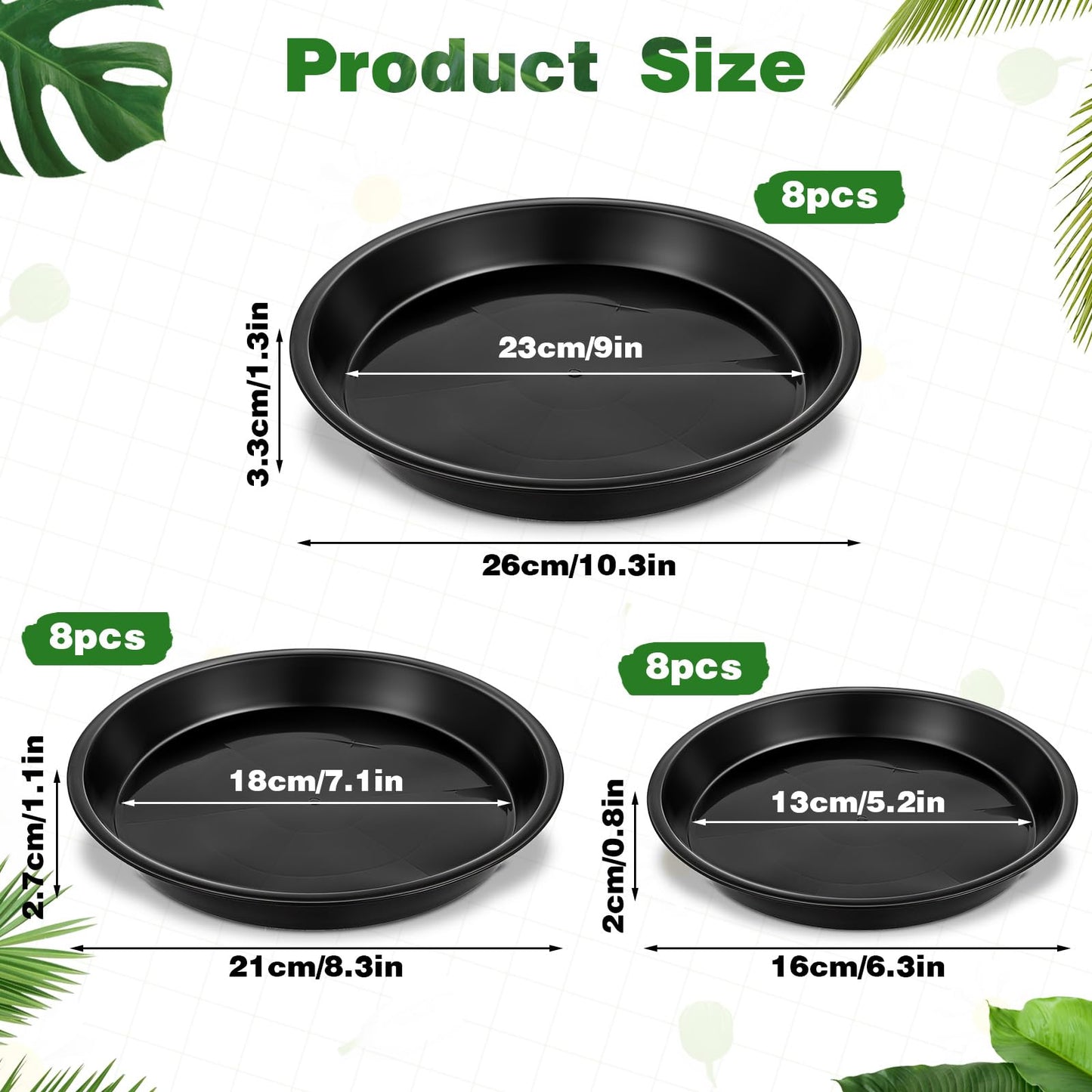 HANLANXUE 24 Pack Plant Saucer Tray, 6 8 10 inch Black Round Plastic Heavy Duty Drainage Drip Water Trays Leak & Mess Protection for Indoor Outdoor Garden Plants