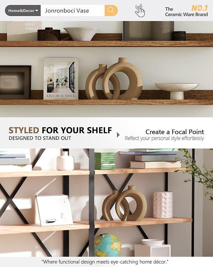 Set of 2 Brown Ceramic Vases for Home Decor Accents - Unique Hollow Donut Artistic Design Rustic Farmhouse Style Decorative Vases for Shelf, Mantel, Entryway Table Decor (Matte Brown)