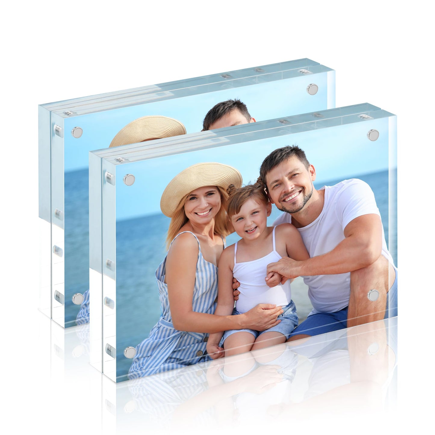 HOUSE DAY Acrylic Picture Frames 5x7, 2 Pack Magnetic 5x7 Picture Frame, Double Sided Clear 5 x 7 Photo Frame with Microfiber Cloth, Frameless FreeStanding 5x7 Frame Gift for Desktop Display