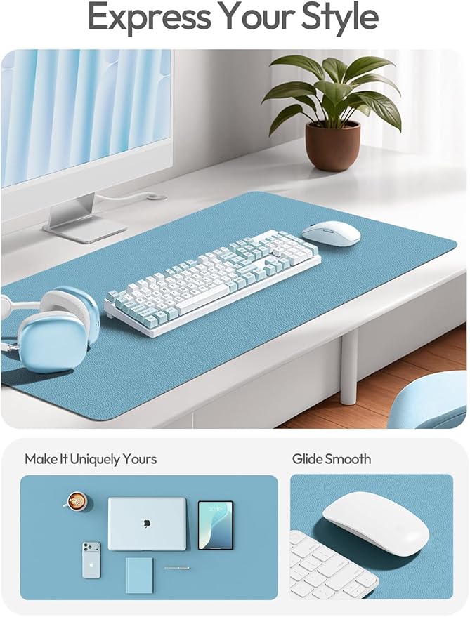 YSAGi Leather Desk Protector, Office Mat, Large Mouse Mat, Non-Slip PU Leather Blotter, Laptop Desk Mat, Waterproof Writing Pad for Office and Home(Sea Blue, 63" x 17.2")