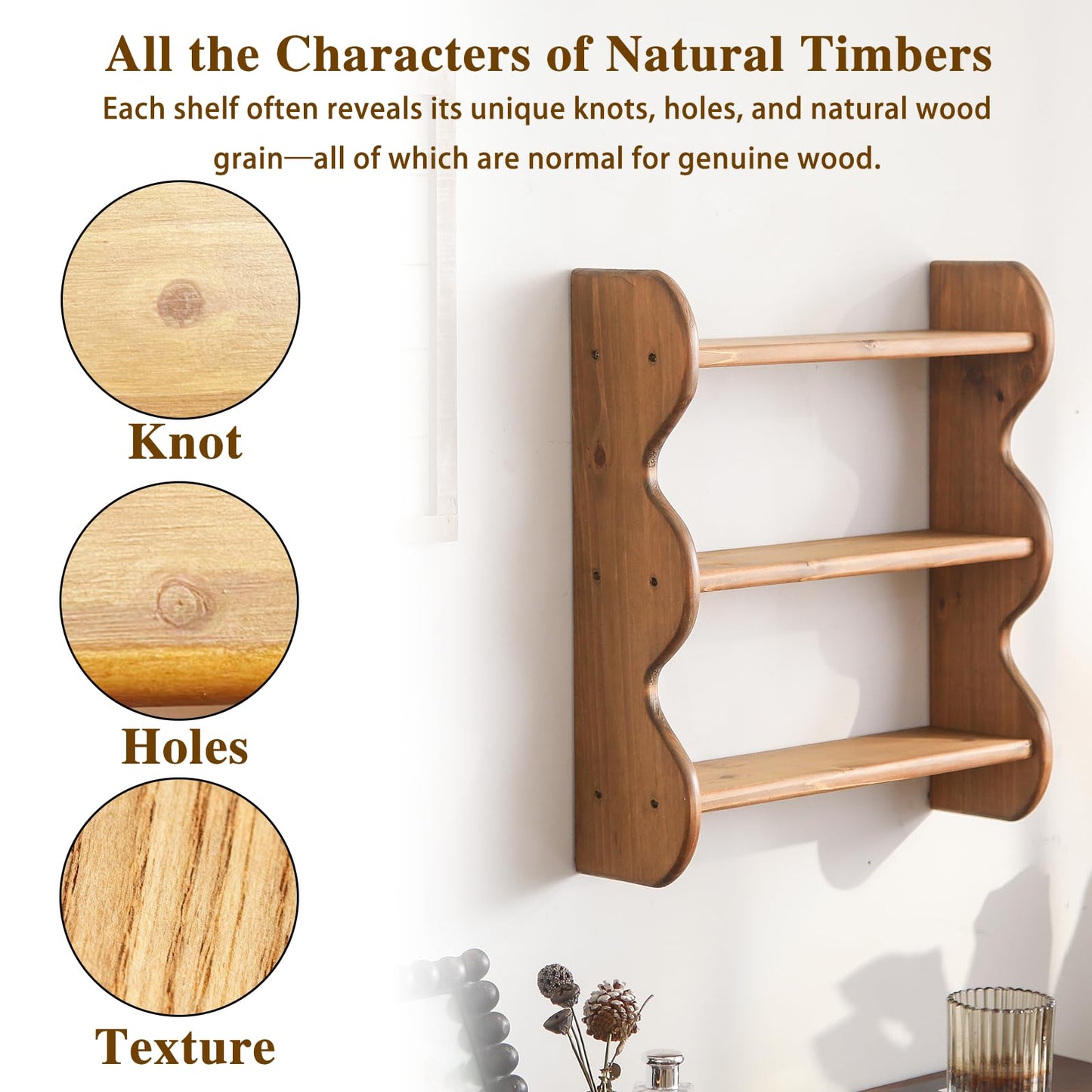HuiDao 100% Solid Wood Wall Shelf 3-Tier, Rustic Floating Shelves Wall Mounted Storage Rack, Farmhouse Decor Hanging Shelf Display Shelves for Apartment, Living Room and Bedroom