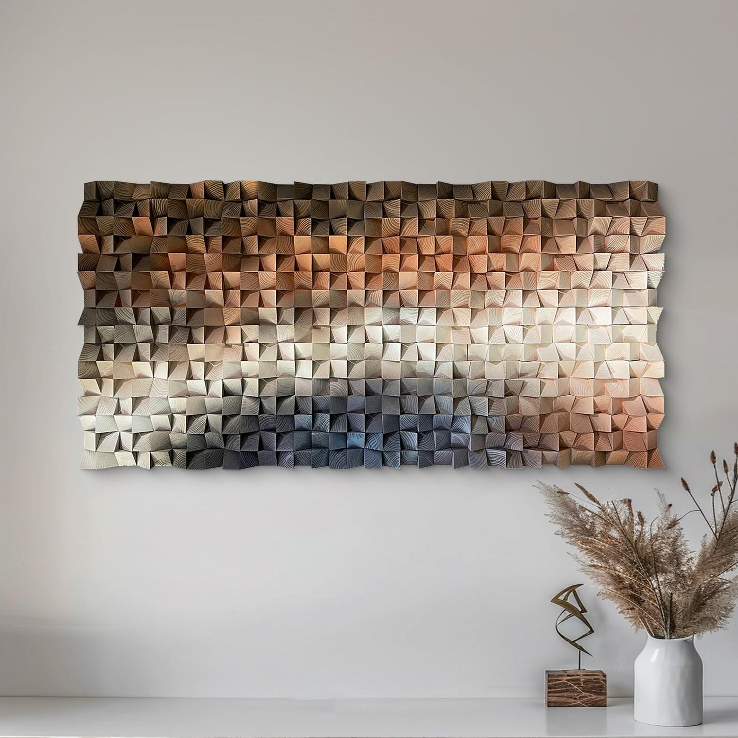 LIUZEYUE 3D Wall Art Modern Abstract, Solid Wood Mosaic Panel in Blue White Orange, Textured Feature Wall Decor for Living Room Above Sofa, 23.6x47.2 Inches