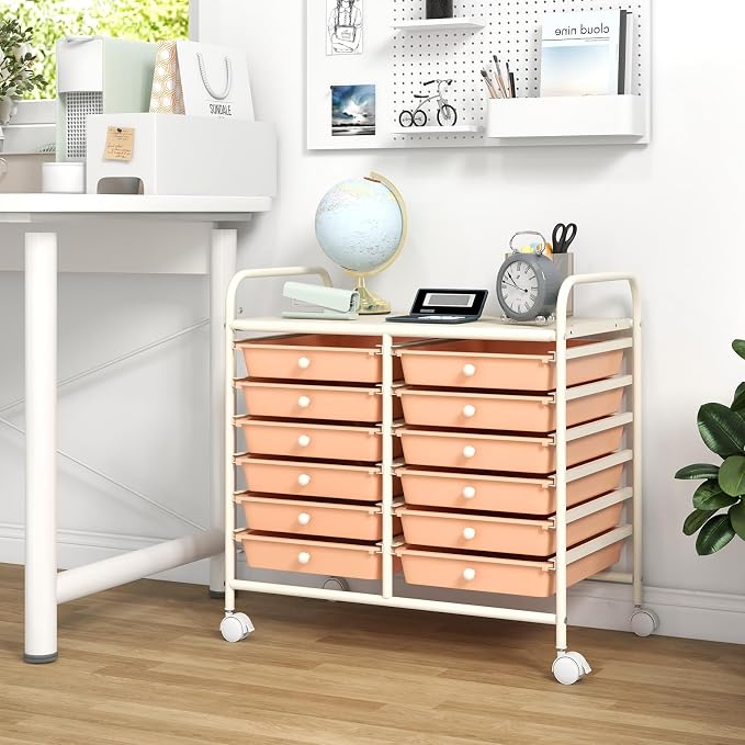 COSTWAY 12-Drawer Rolling Storage Cart, Utility Storage Organizer Cart for Tools, Scrapbook, Paper, Craft, Multipurpose Art Supply Organizer on Wheels for Home Office School, Teacher, Peach