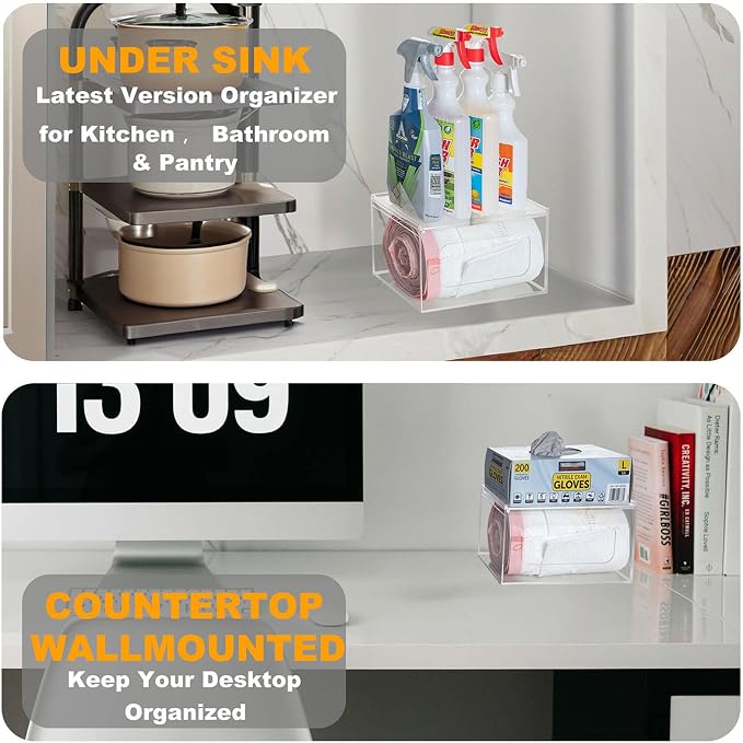SEANADO Acrylic Trash Bag Dispenser, Wall Mount Kitchen Organizer Storage Box Holder for Garbage, Grocery, Plastic Bag Roll Container (Standard with Lid)