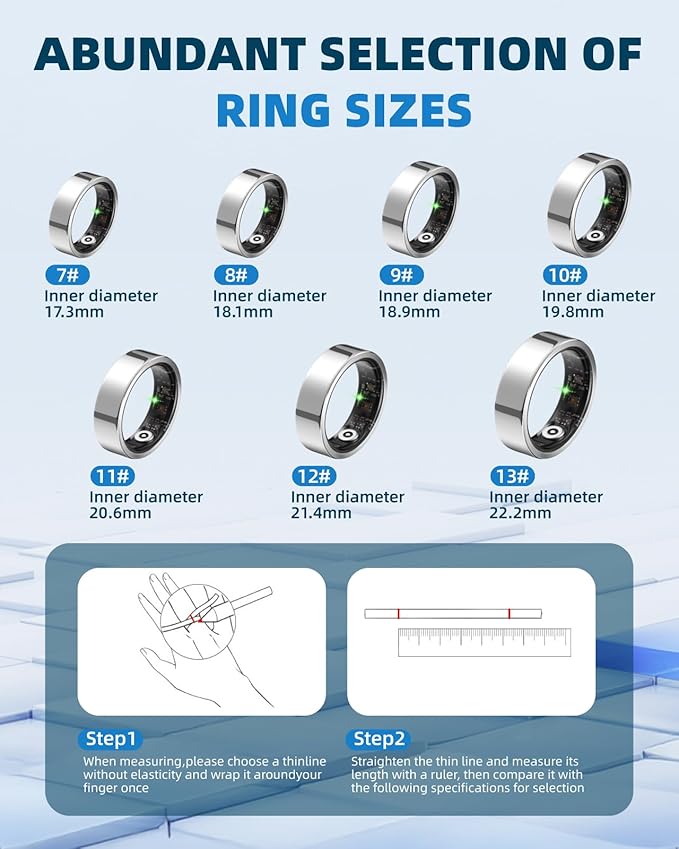 Smart Ring for Women Men Fitness Ring with Step Counting, Heart Rate, Blood Oxygen, Blood Pressure, Sleep Monitoring, IP68 Waterproof for iPhone and Android, No Subscription Fee,Silver 9#
