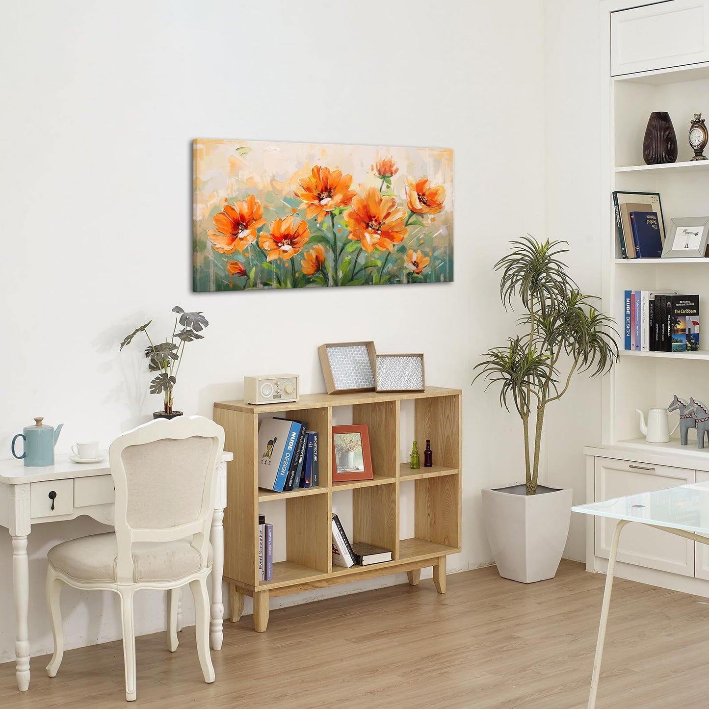Saypeacher Orange Flower Wall Art Burnt Orange and Green Wall Decor Larg Floral Painting Prints for Living Room Bedroom 24x48inches