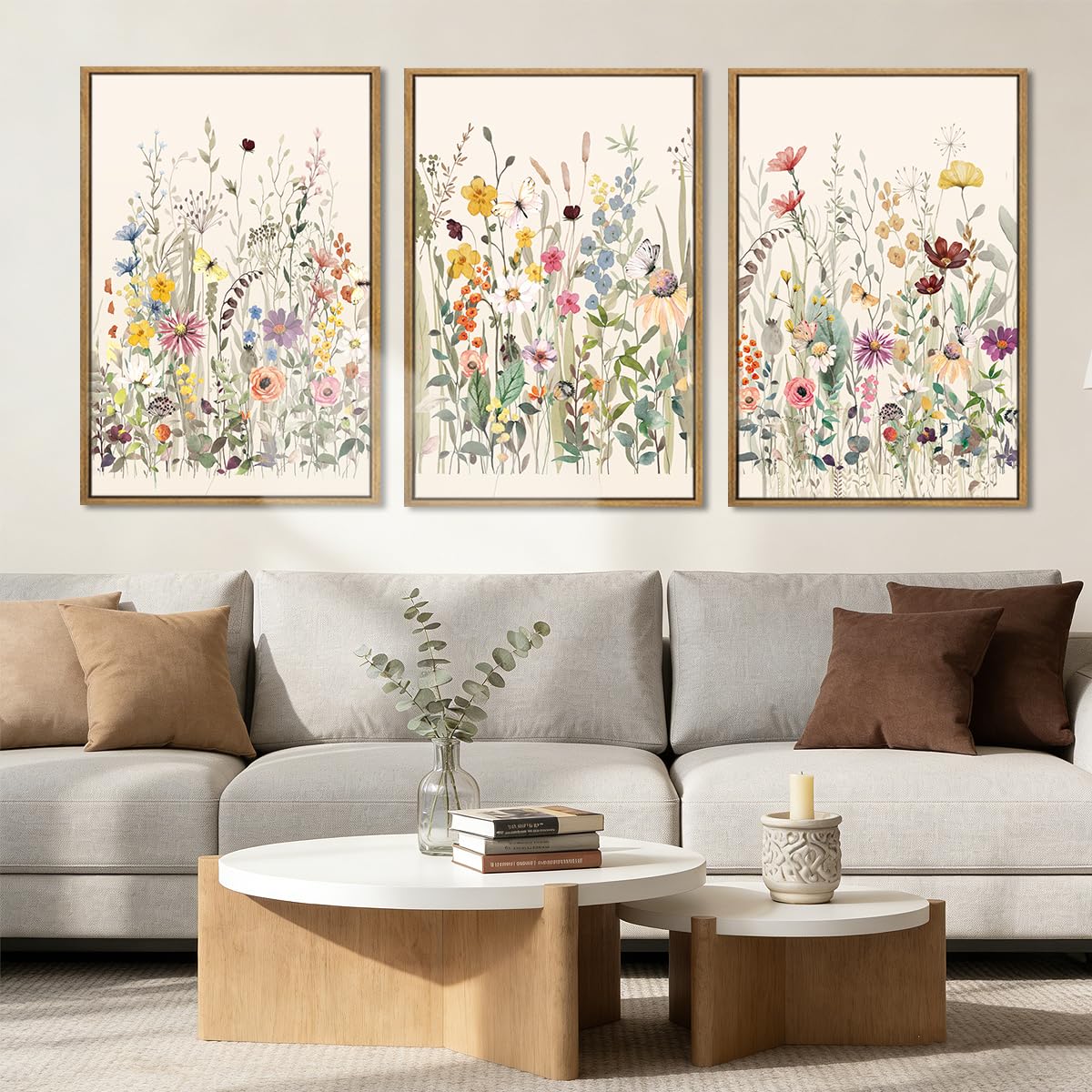 BINCUE Wildflower Wall Art Large Floral Wall Painting Neutral Print Pictures Decor for Living Room Bedroom Bathroom 3 Panel 36x24 Inches