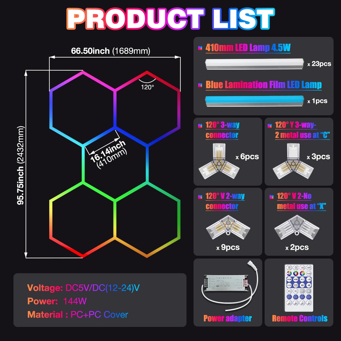 GOSLARLIT Hexagon Garage Lights: 5 Hex RGB Hexagon LED Lights with Music Sync Mode, App & Remote Control, Multi-Color Honeycomb Ceiling Light for Gaming Room, Gym, Garage