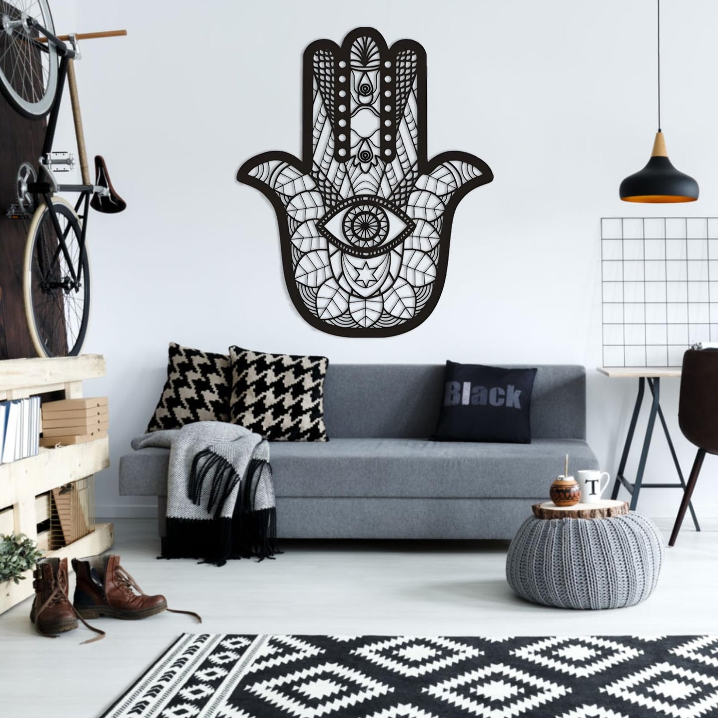 Hamsa Metal Wall Art, Hamsa Hand Wall Art, Hamsa Sacred Geometry Wood Wall Art, Extra Large Wall Decor, Boho Wall Art, Evil Eye Art, Metal Wall Art for Living Room, Housewarming Gift (White, 48 x 39 inch / 121 x 100 cm)