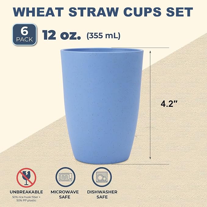 Wrova Wheat Straw Cups 6 PCS Good Alternative to Plastic Reusable Cups 12 oz Unbreakable Drinking Cup Reusable Dishwasher Safe Water Plastic Glasses Light Blue
