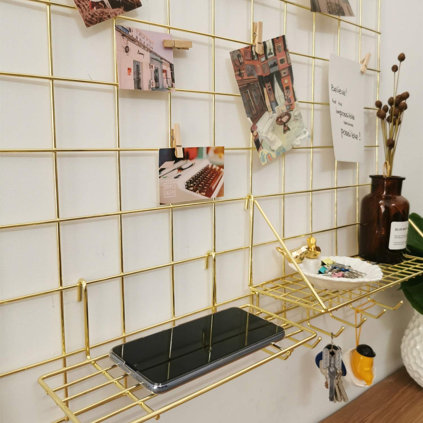 Yash Metal Wire Grid Panel, Display Organizer, Postcard, Wall Artwork Display for Home Office Living Room Dorm Room, Kitchen Storage Grid Wall, 37.4" X 17.7", Pack of 2 Pcs, Gold