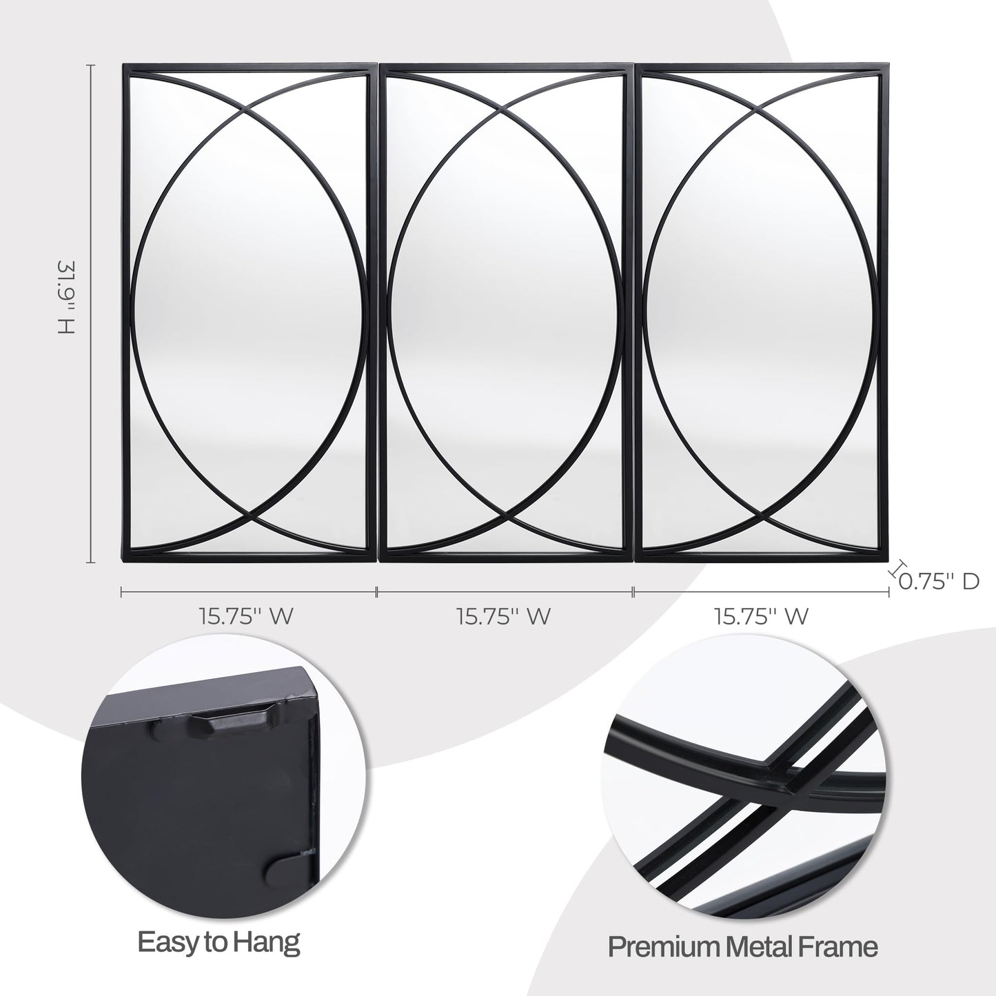 LuxenHome 3 Pieces Black Metal Rectangular Wall Mirror Set Large Vanity Mirror for Bedroom, Black Accent Metal Entryway Wall Mirror, Wall Mounted Mirror Living Room Wall Decor