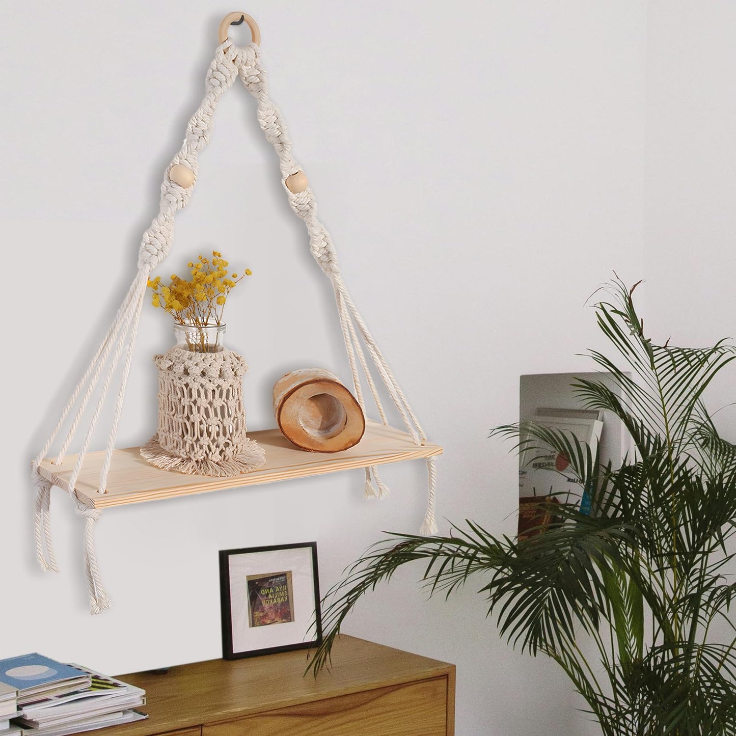 BusonQueen Boho Macrame Wall Hanging Shelves,Wooden Floating Shelves for Wall with Handmade Woven Rope for Home Decor