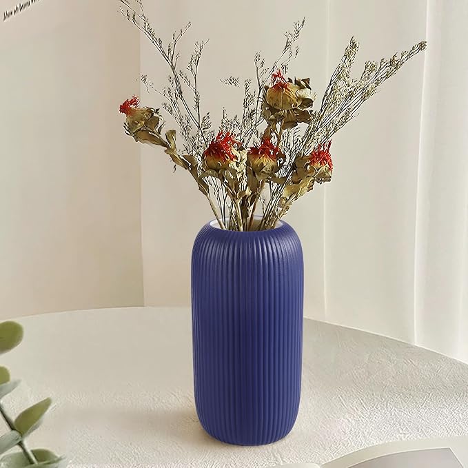 Ceramic Vase for Flowers – Modern Small Ribbed Textured Flower Vase for Home Decor, Pampas Grass, Decorative, Farmhouse, Coffee Table, Kitchen Centerpieces, Bookshelf and Home Living (Navy Blue)
