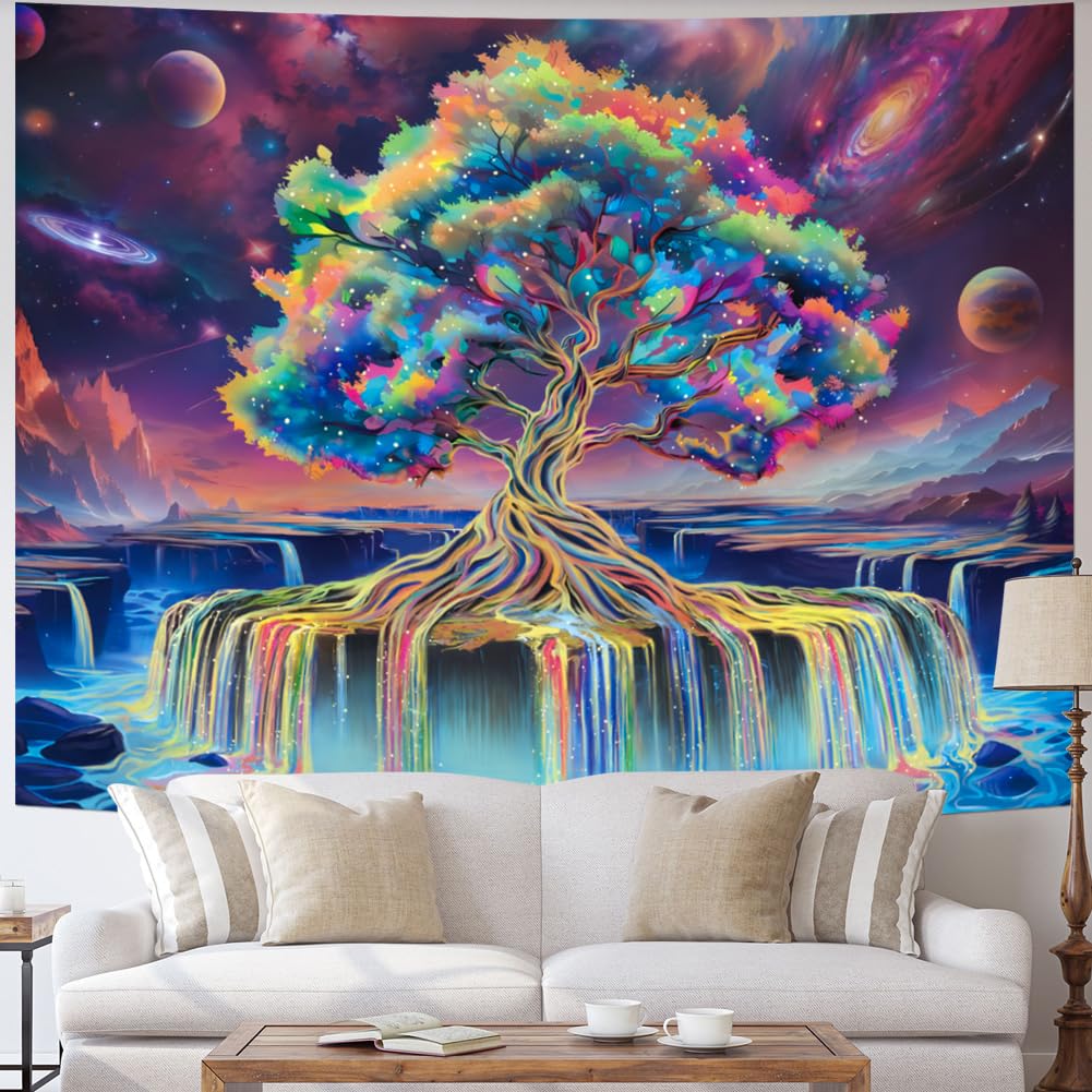 Obsecolors Blacklight Tree of Life Tapestry UV Reactive Waterfall Tapestry Galaxy Space Aesthetic Tree Wall Tapestries Colorful Starry Sky Tapestries Wall Hanging for Bedroom