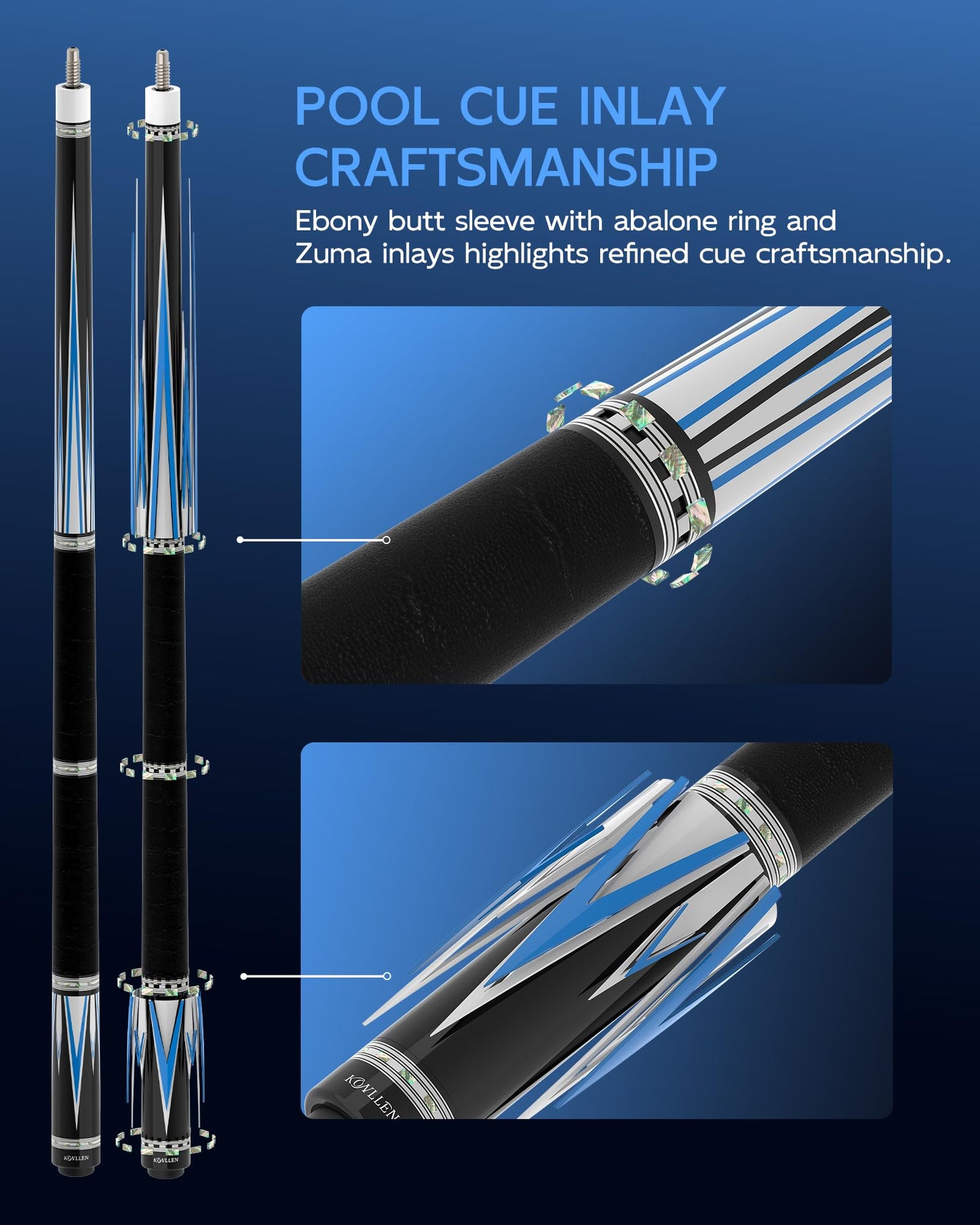 KONLLEN 2.0 Pool Cue Complete Set with Case & Extras | Hand-Inlaid Carbon Fiber Pool Cue with Professional Taper | Low Deflection Shaft for Adults & League Players