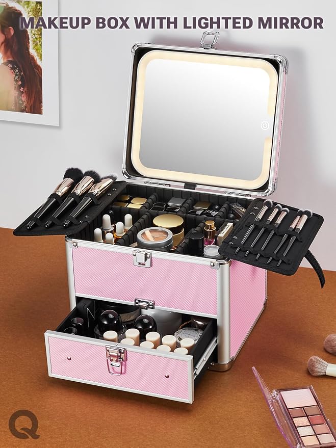 Qislee Makeup Box with Drawer and A Detachable Lighted Mirror, Waterproof Travel Train Case, Cosmetic Organizer and Makeup Suitcase with Adjustable Dividers, Magnetic LED Mirror (ICY Pink)