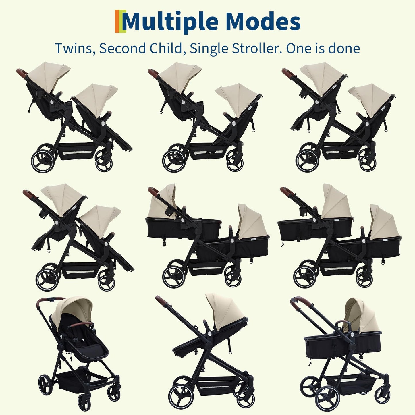 Tandem Double Stroller for Twins, Foldable Baby Stroller for Newborns 0-6 Months, Reversible Adjustable Seats, Shock-Absorbing Swivel Wheels & One-Step Brake, Storage Basket & Sun Canopy, Beige
