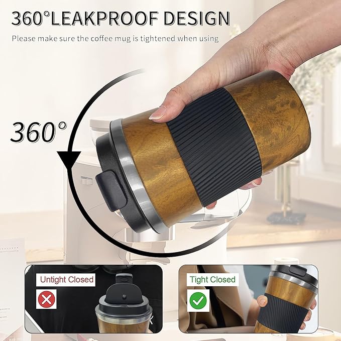 YINBAOGE Insulated Travel Coffee Mug, Spill & Leak Proof, Portable To Go Camping Stainless Steel Coffee Tumbler, Reusable Thermal Coffee Cup with Lid for Hot & Cold Drinks (Wood Grain, 12 OZ)