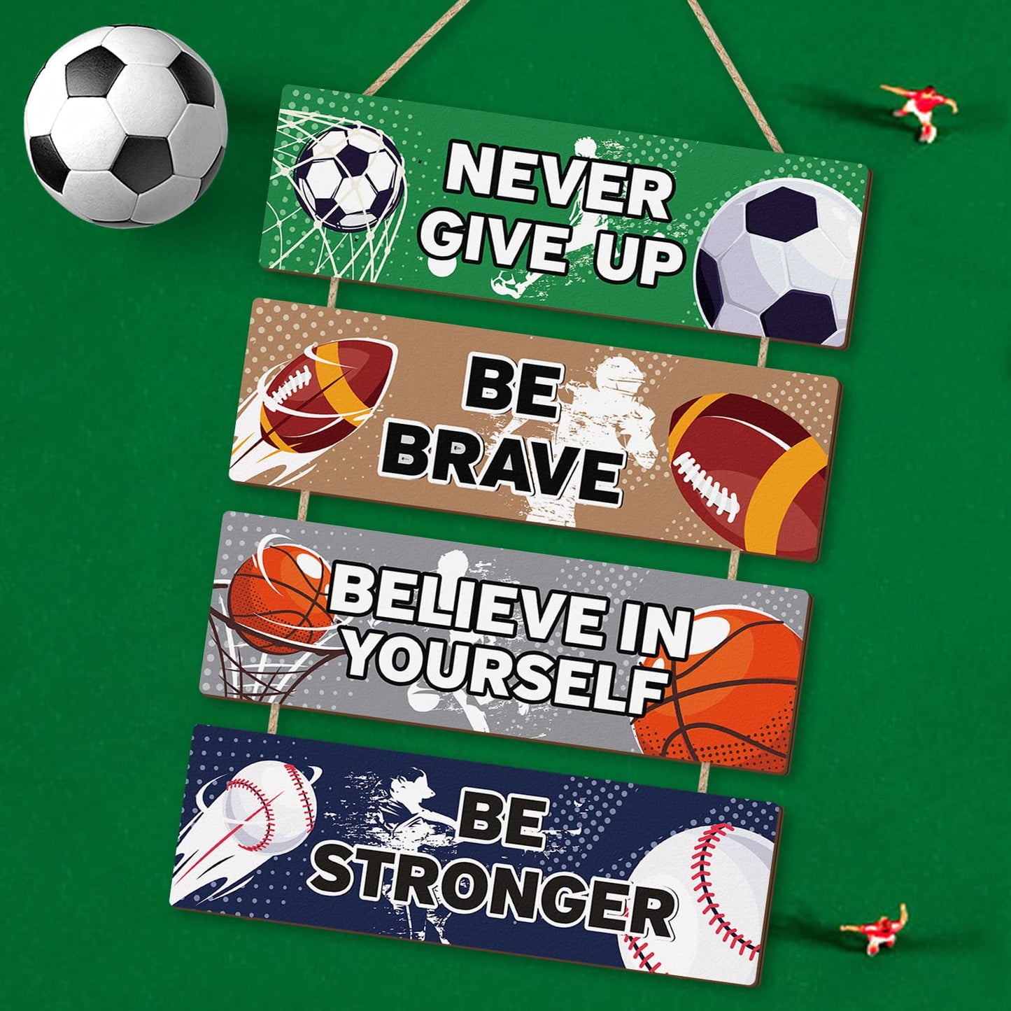 HLNIUC Sport Themed Wall Decor,Football Wood Sign(3.5"x12"),Inspirational Never Give Up Wooden Sign,Basketball Wood Hanging Wall Art For Boys Kids Room Playroom Nursery Decor(Retro Style)
