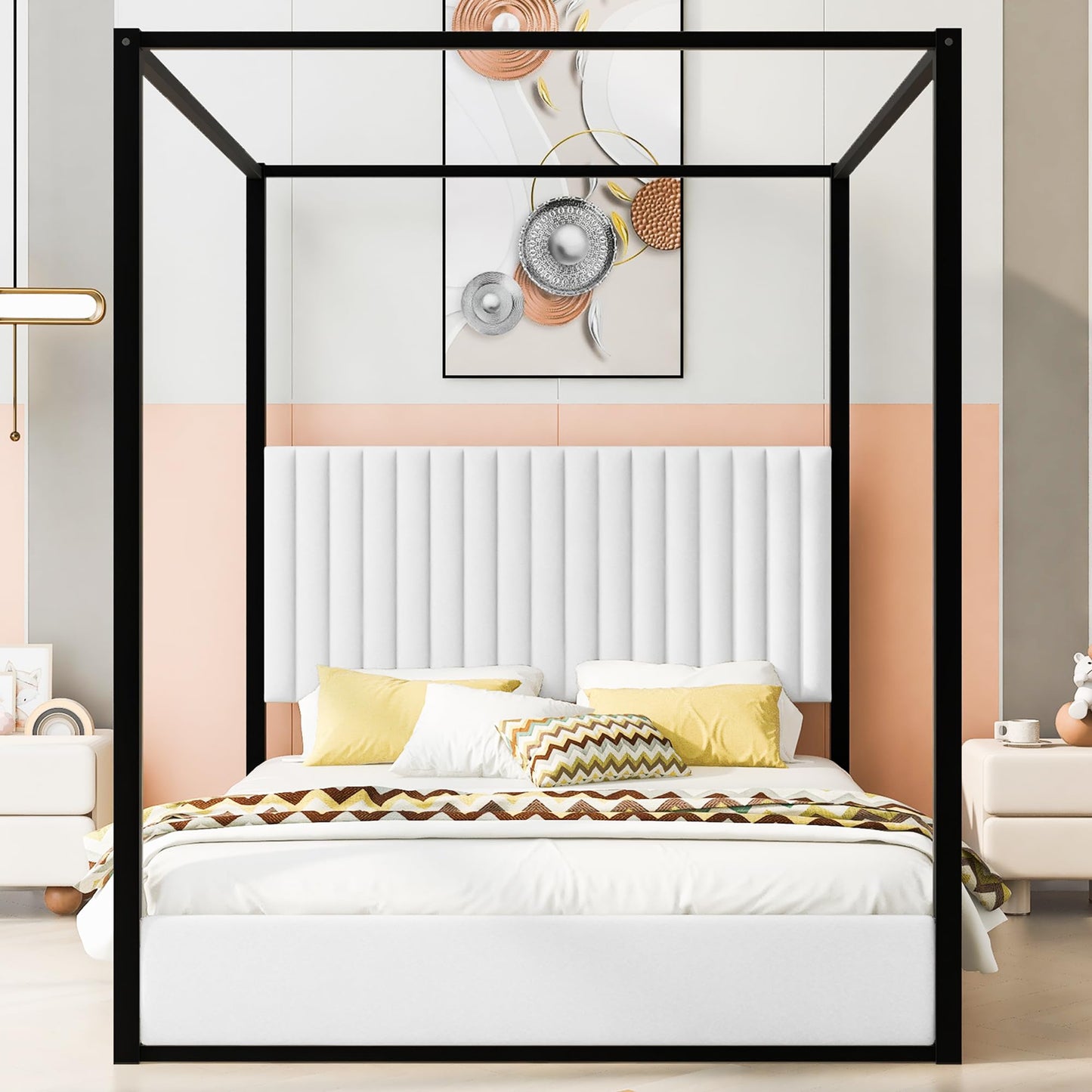 GDFStudio Queen Size Canopy Bed Frame with Upholstered Headboard, Metal Frame Platform Design, Four Poster Metal Frame Bed, Romantic Bedroom Decor, Modern Bedroom Furniture, Black White