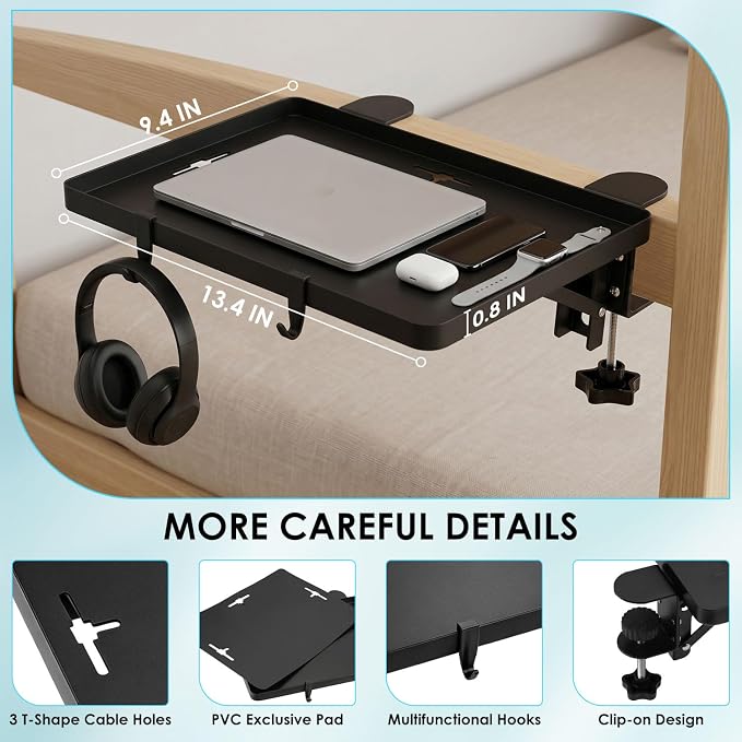Bedside Shelf Foldable, Heavy Duty Bed Shelf for Dorm Room Bunk Bed & Top Bunk, Metal Clip-On Bedside Table Tray for College Dorm Room Essentials Loft Nightstand Organizer Tray with 3 Cord Hole
