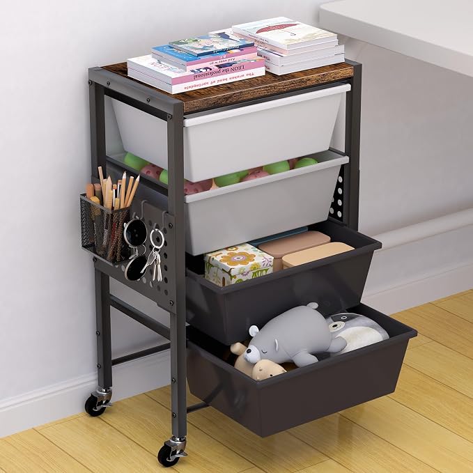 Rolling Cart with Drawers, Rolling Storage Cart with Large Plastic Drawers & Wooden Tabletop, Utility Cart with Pegboards & Basket, Storage Drawers Cart for Living Room, Classroom, Bedroom, Office