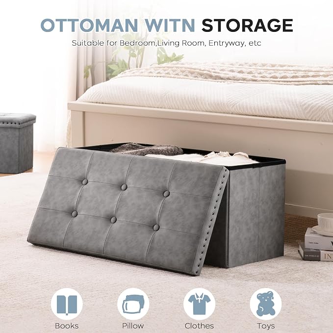 oakvivo 30 Inches Folding Storage Ottoman Bench, Leather End of Bed Foot Rest Stools with Button Tufted Rivet Design, Ottoman with Padded Seat for Bedroom, Living Room, Entryway, 330 lb, Grey