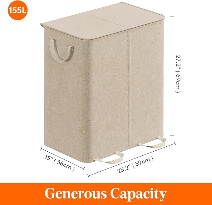Lifewit Double Laundry Hamper with Lid and Removable Laundry Bags, Large Collapsible 2 Dividers Dirty Clothes Basket with Handles for Bedroom Laundry Room Closet Bathroom College, 155L Beige