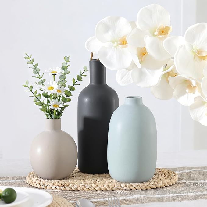 Ceramic Vase Set of 3, Large Neutral Rustic Vases for Farmhouse Decor, Pampas Grass & Dried Flowers and Table Living Room Home Decor