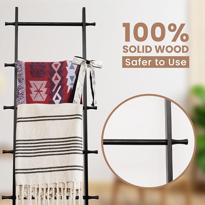 5-Tier Blanket Ladder – 4.8 Ft Wall Leaning Quilt Rack, Farmhouse Blanket Storage for Living Room, Bedroom & Bathroom – Rustic Decorative Wooden Towel & Quilt Holder, Easy to Assemble