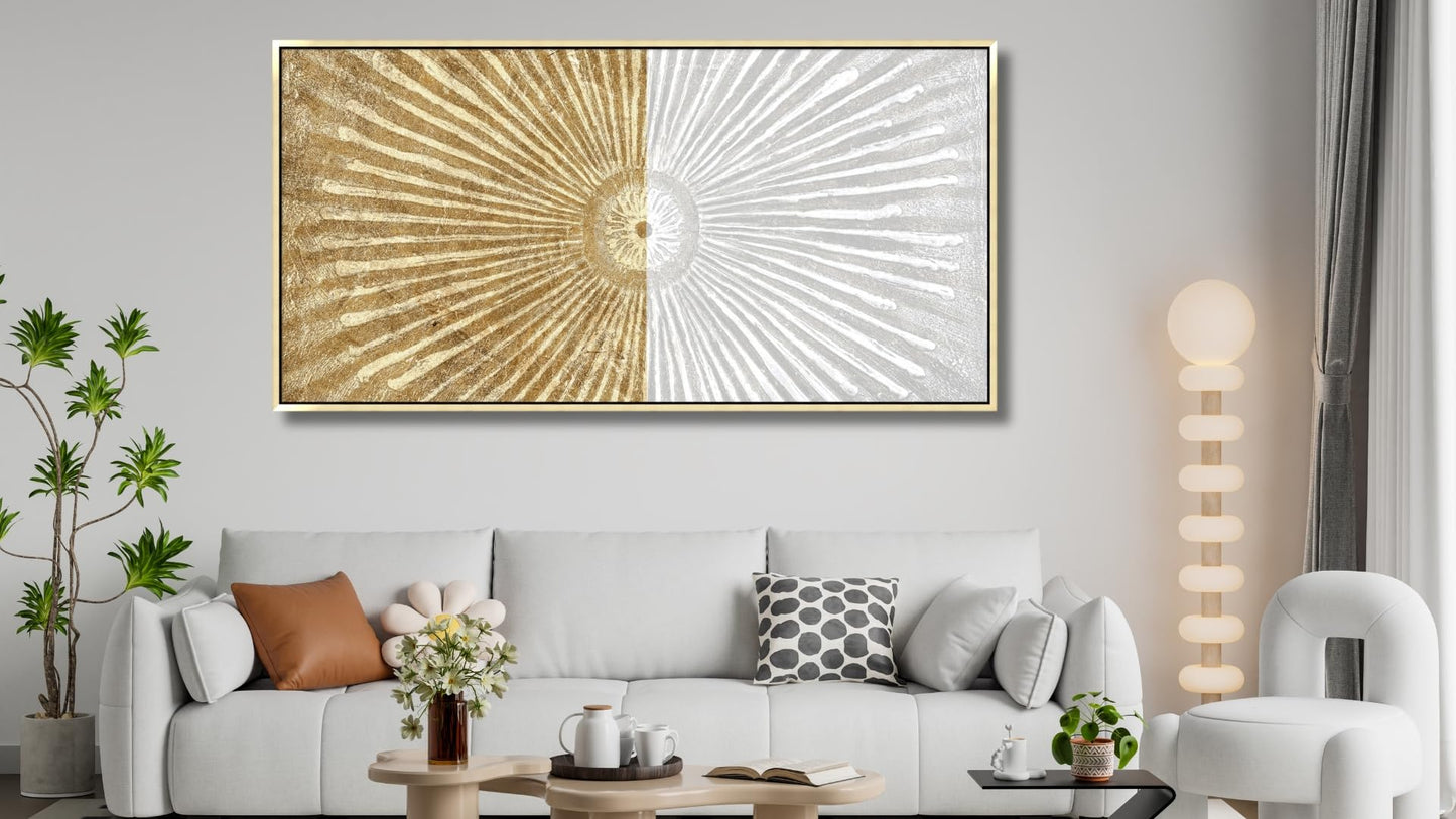 20"x40" Framed Canvas White and Gold Wall Art Symmetrical Line Abstract Modern Wall Decor Art for Living Room Bedroom Bathroom Office Wall Decor